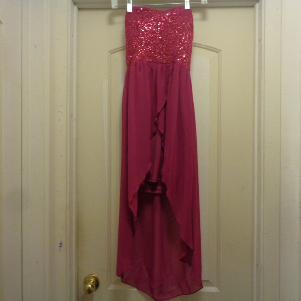 HOT GIRL CLUBWEAR LIGHT BURGANDY BLING STRAPLESS HIGH LOW DRESS 2 /4